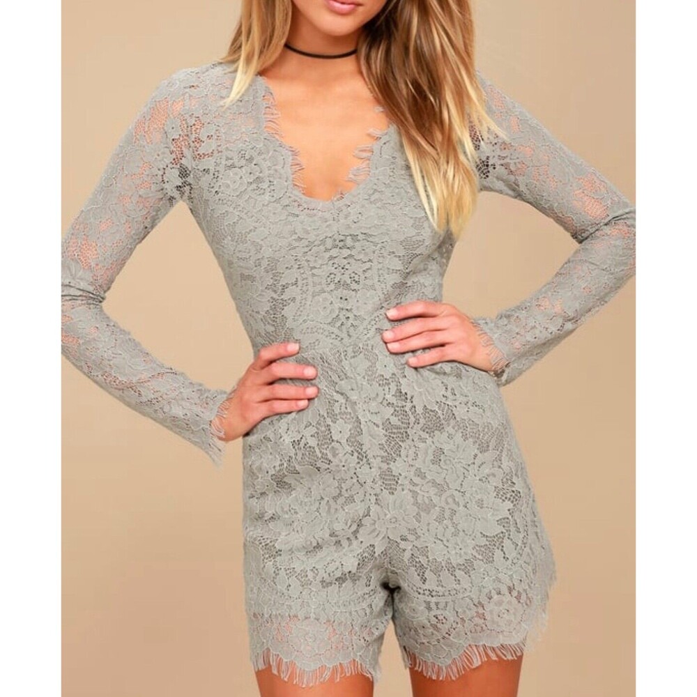 PPLA Women's Romper S Gray Lace Lined Polyester Long Sleeve‎